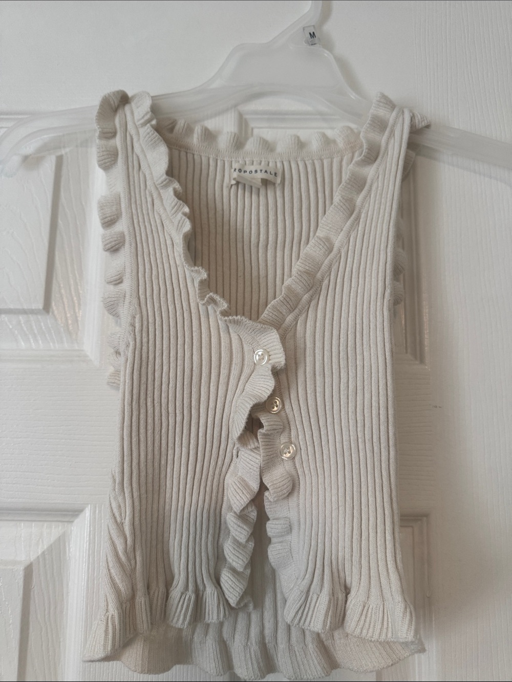 Aeropostale Cream Ribbed Ruffle-Trim Button Front Tank